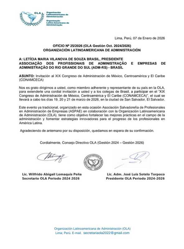 A ADM-RS AGRADECE AO CONSELHO DIRETIVO DA OLA PELO NOBRE CONVITE.